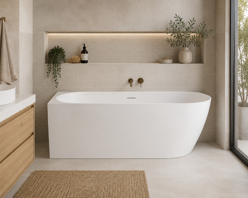 A modern freestanding bathtub in white, set in a minimalist bathroom with beige textured walls, a built-in shelf with plants and a soap dispenser, a wooden vanity, and a large window.