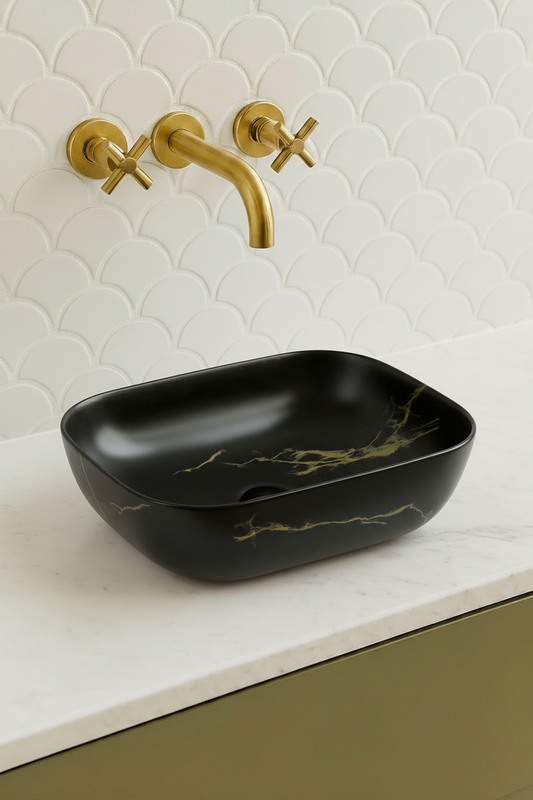 Vito Nilah Rectangular Premium Ceramic Above-Counter Basin 455 x 320 x 165mm Black Marble
