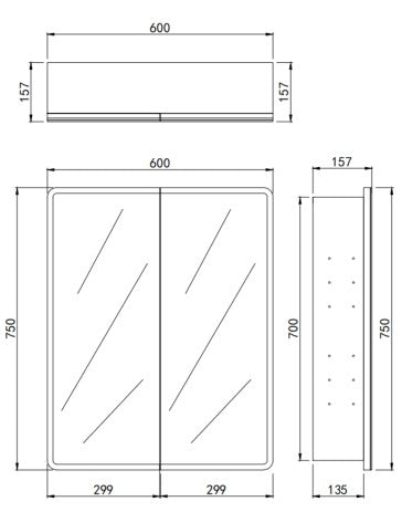 Avola Matte White PVC LED Shaving Cabinet 600 x 750 x 155mm