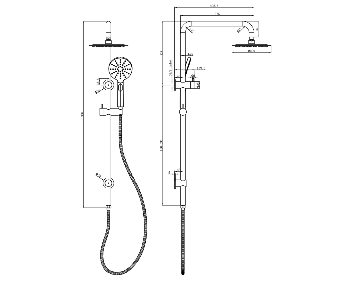 Linsol Sofia 200 Round Shower Combination With Multifunction Handpiece